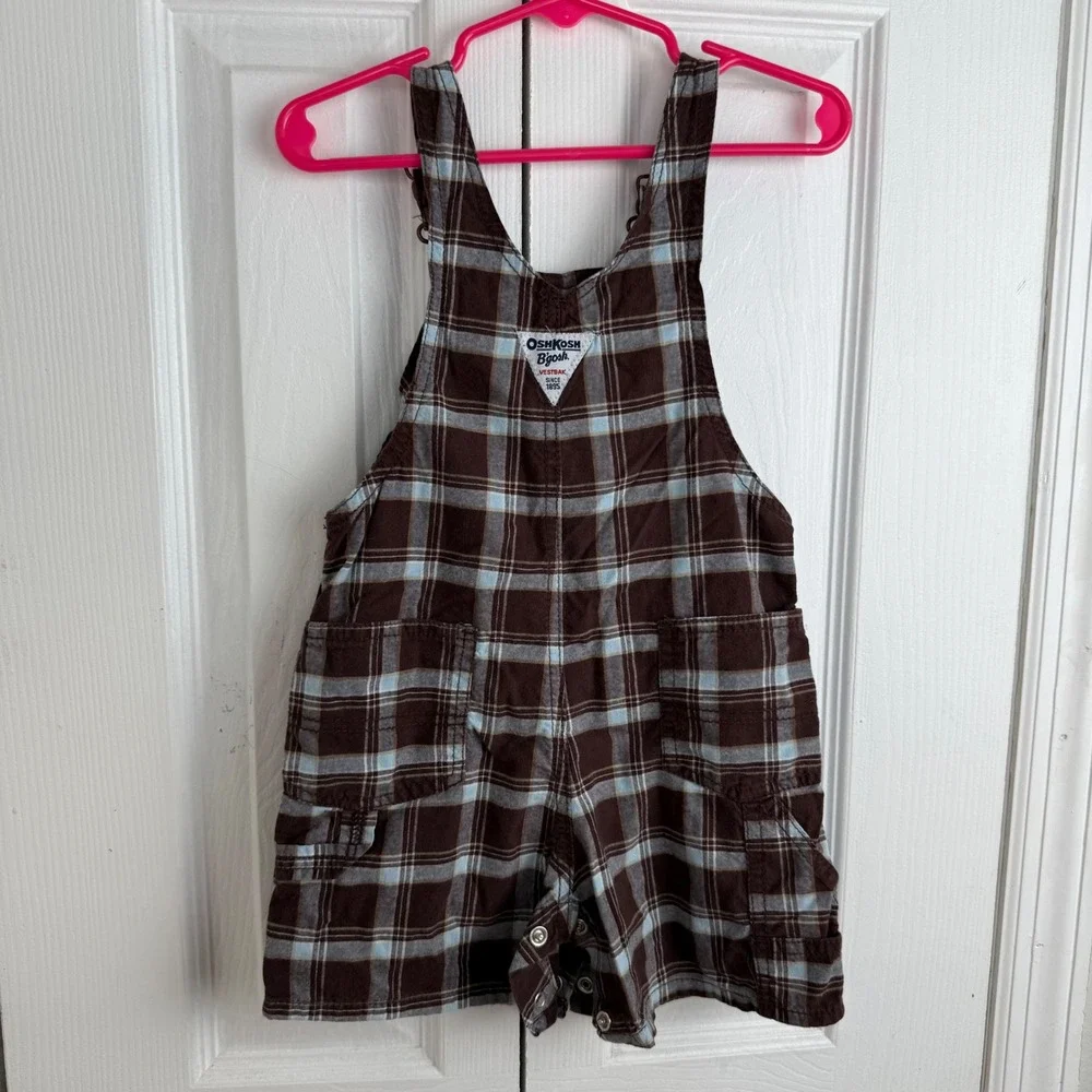 OshKosh B'gosh Plaid Overalls 18M Brown Blue Cotton Romper Vestbak Vintage Style
